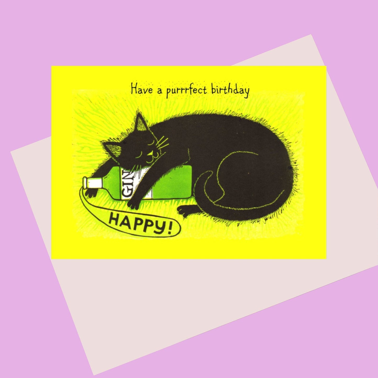 A Birthday Card with a cat draped over a gin bottle, a perfect card for all cat and gin lovers.