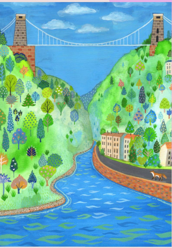 Iconic Bristol Scene of the Bristol Suspension Bridge with a little fox . Print from original painting by Laura Robertson. Edit alt text