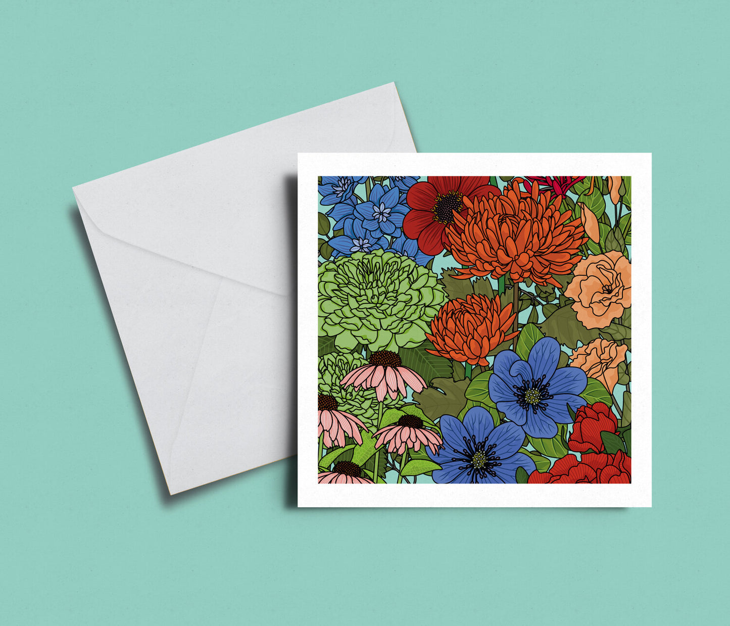 A card adorned with a digitally designed illustration of beautiful flowers, blank inside, 14 cm x 14cm.
