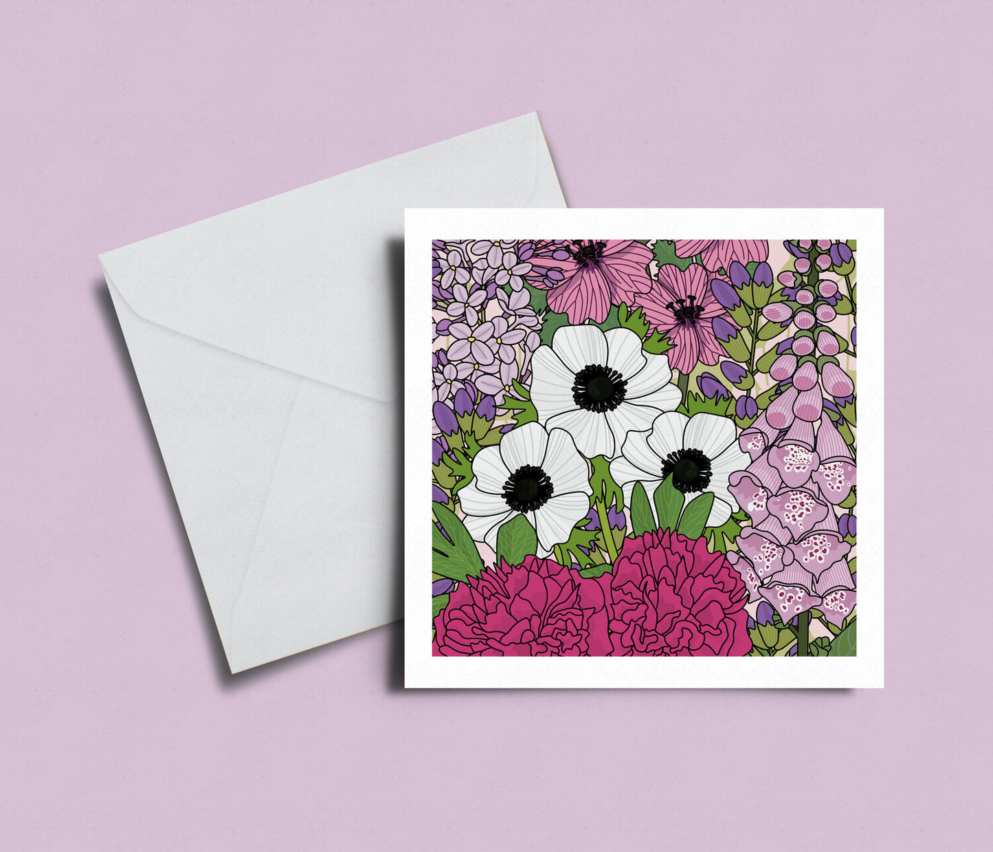 A card adorned with a digitally designed illustration of beautiful flowers, blank inside, 14 cm x 14cm.