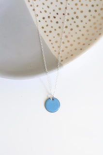 Blue enamel disc necklace with silver chain