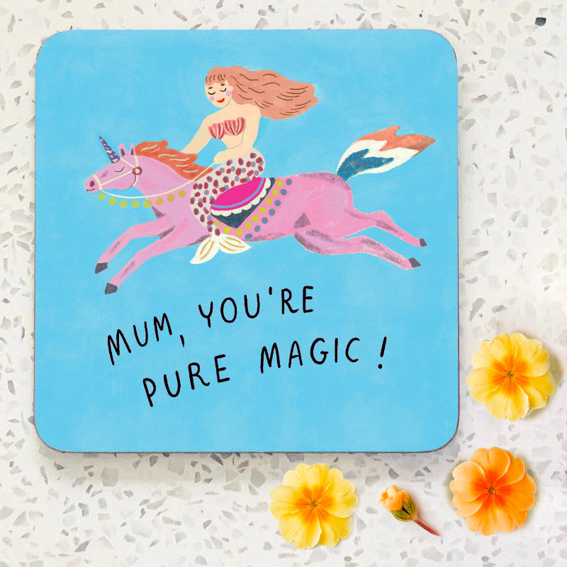 illustration of mermaid riding a pink unicorn with sky blue background