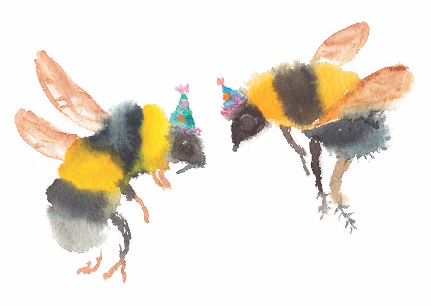 watercolour painting of bumble bees in party hats