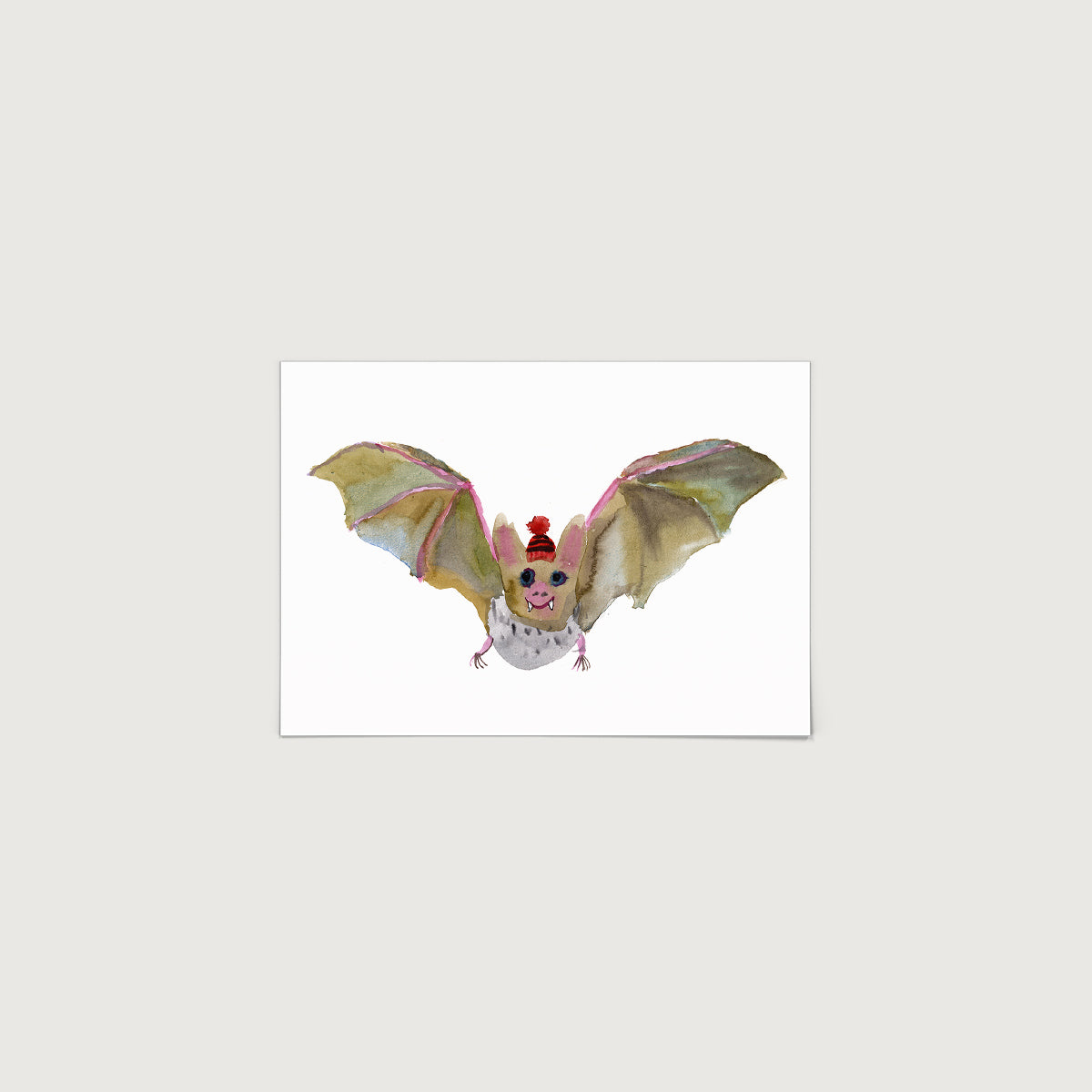 Bristol Based illustrator Rosie Webb, water colour of a bat in a party hat