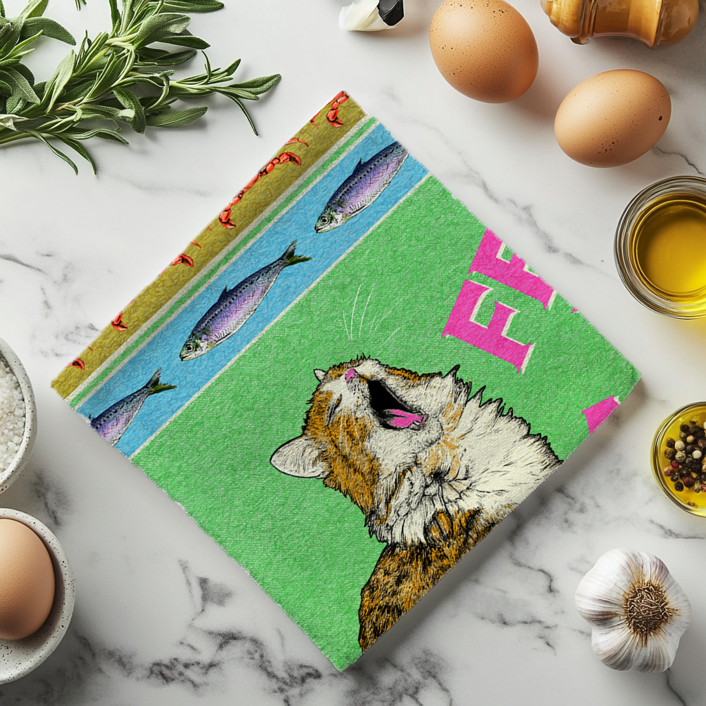 Kitchen towel with a cat design on a marble countertop with eggs and herbs.