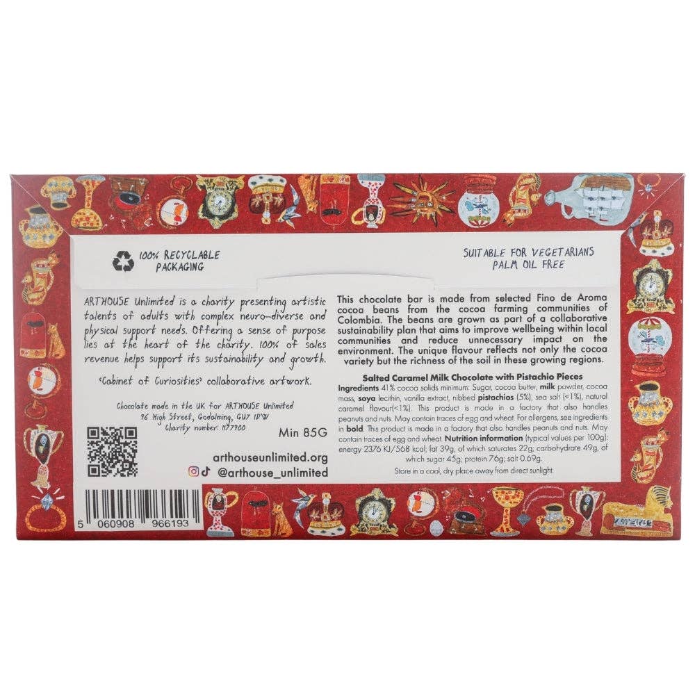 Back of a chocolate bar packaging with text and graphics on a white background