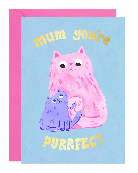 Greeting card with two cats and text 'mum you're purrfect' on a light blue background.