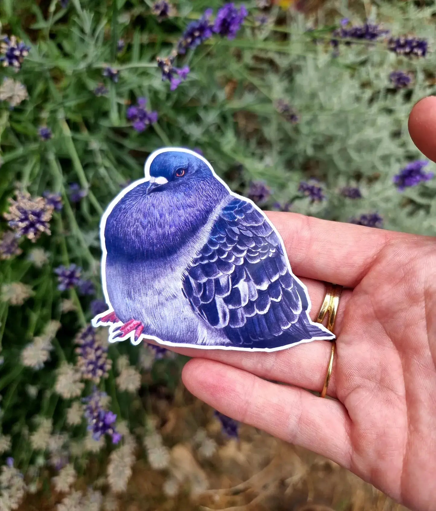 Hand holding a blue pigeon sticker with lavender flowers in the background