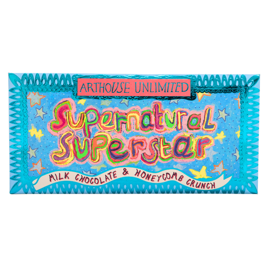 Chocolate bar packaging with colorful text on a blue background