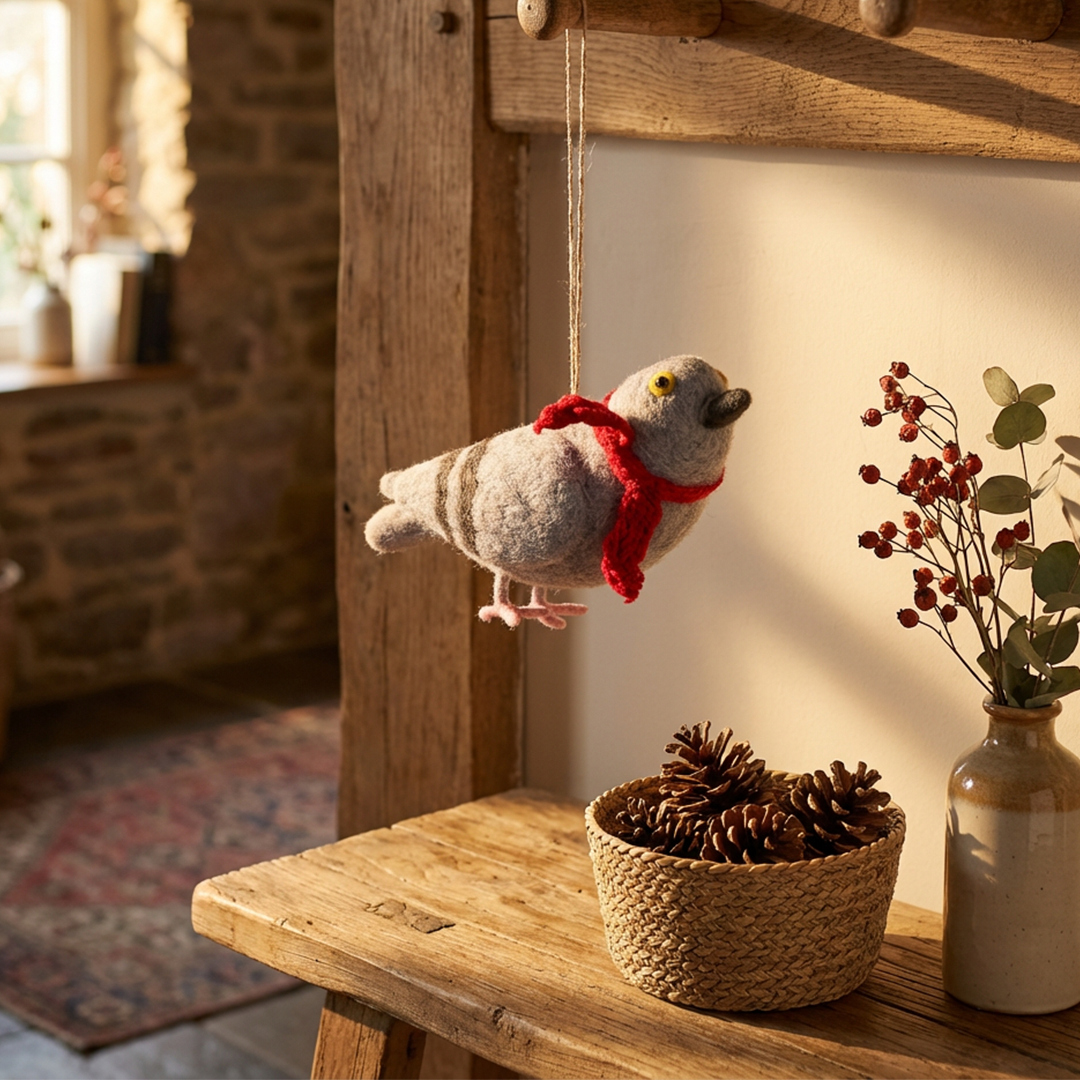 Decorative bird with a red scarf hanging from a wooden hook in a warm, rustic room.