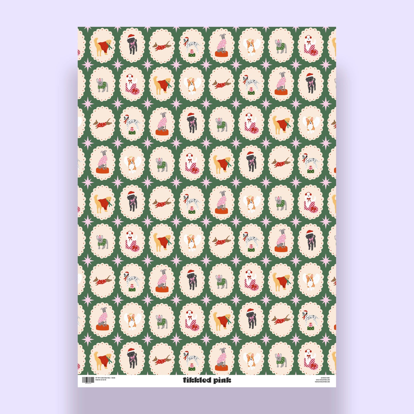 Patterned paper with illustrations of dogs in various poses on a green background