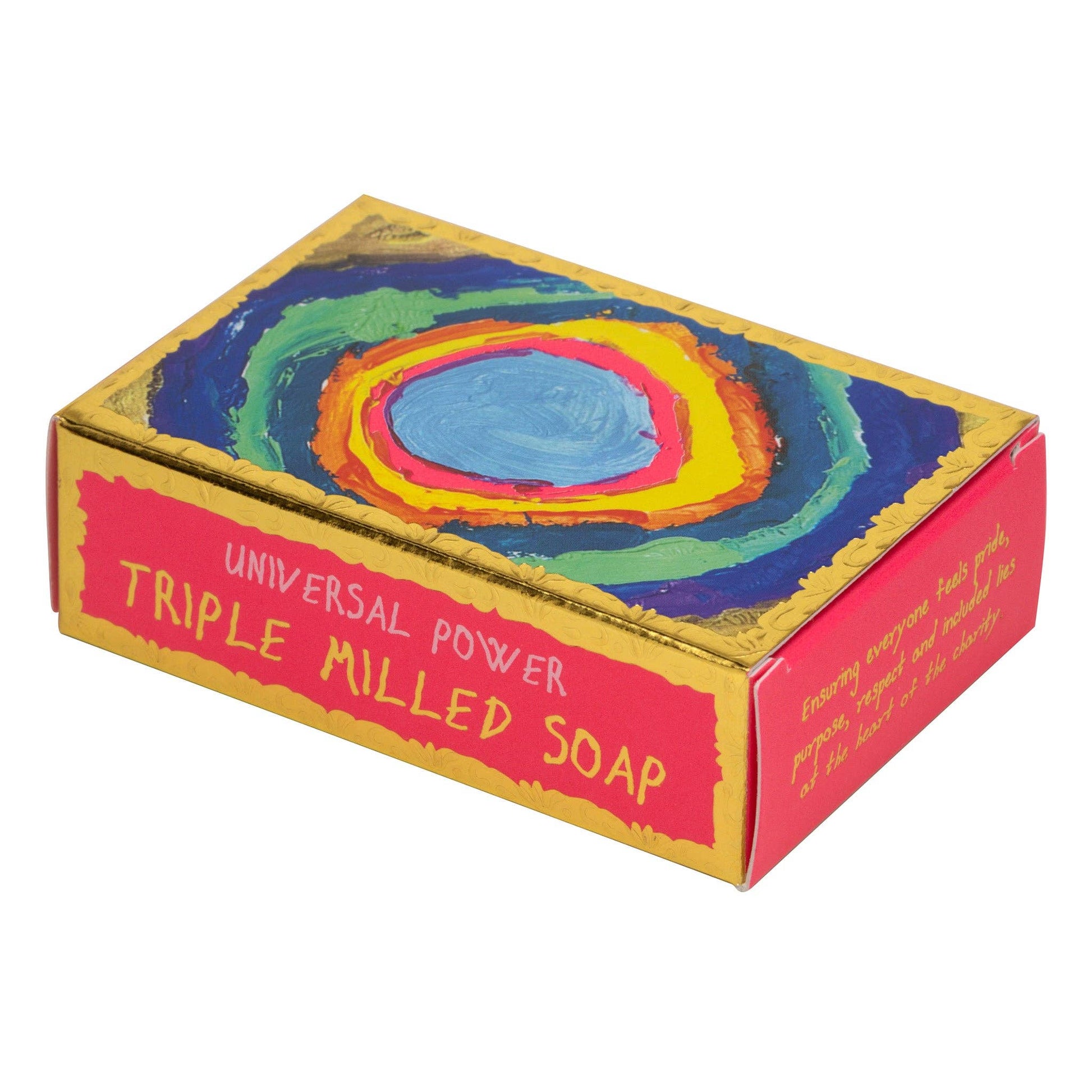 Colorful box of triple milled soap with a spiral design on a white background
