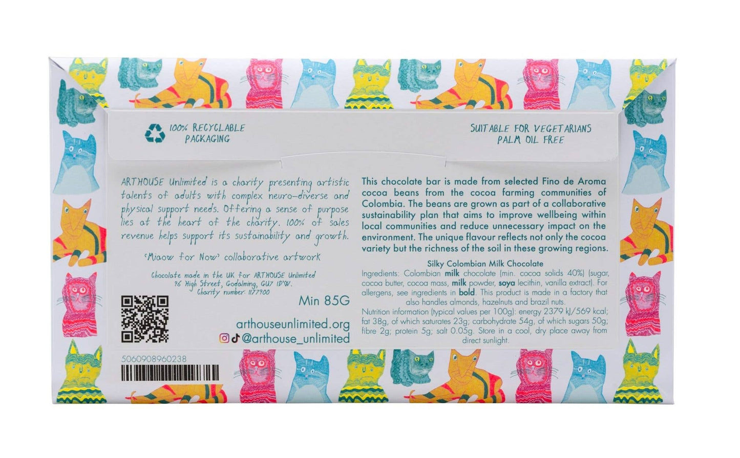 Back of a chocolate bar packaging with colorful cat illustrations and text.