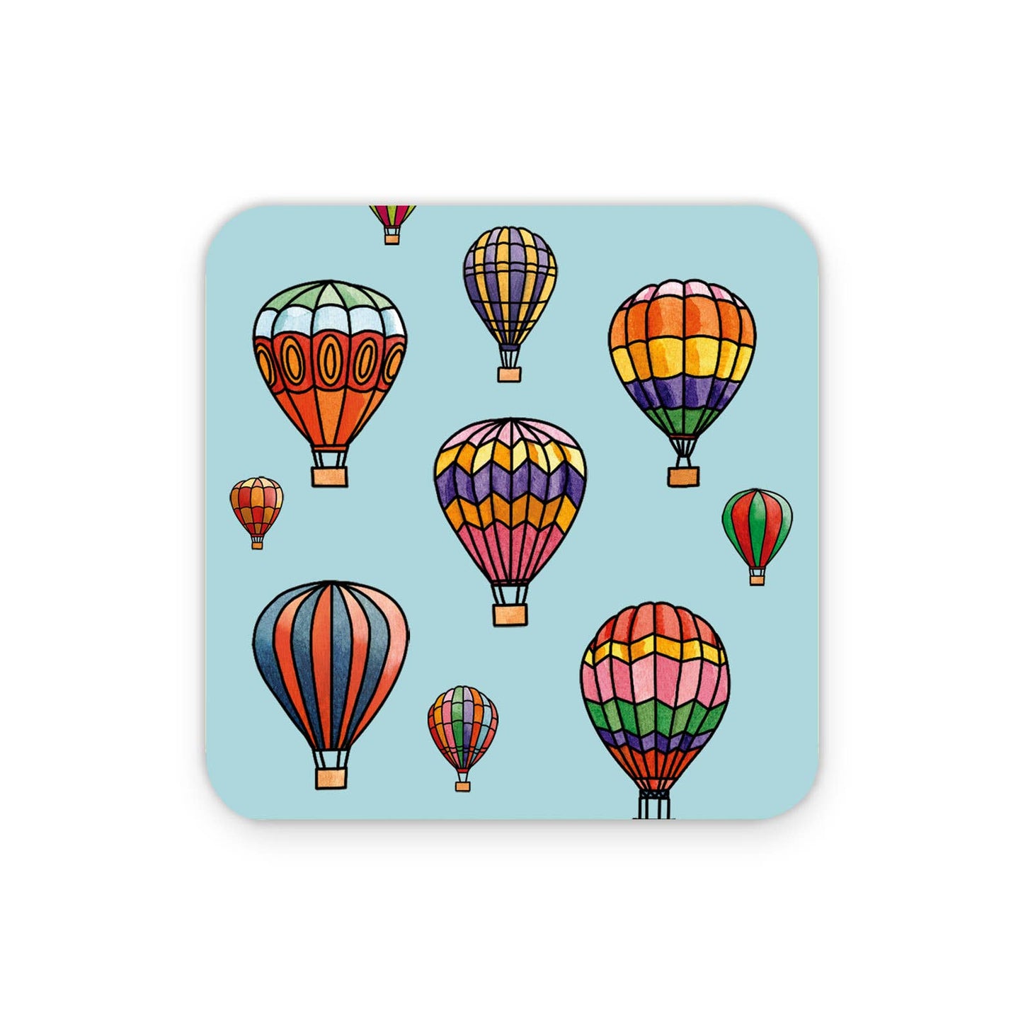 Coaster with colorful hot air balloon design on a light blue background