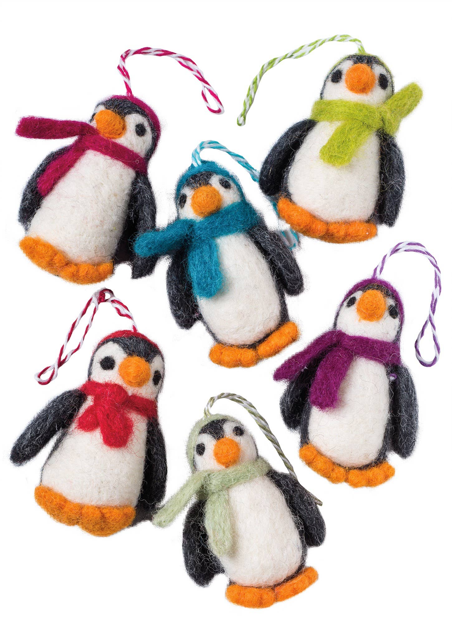 Set of 5 Felted penguins with hats and scarves.