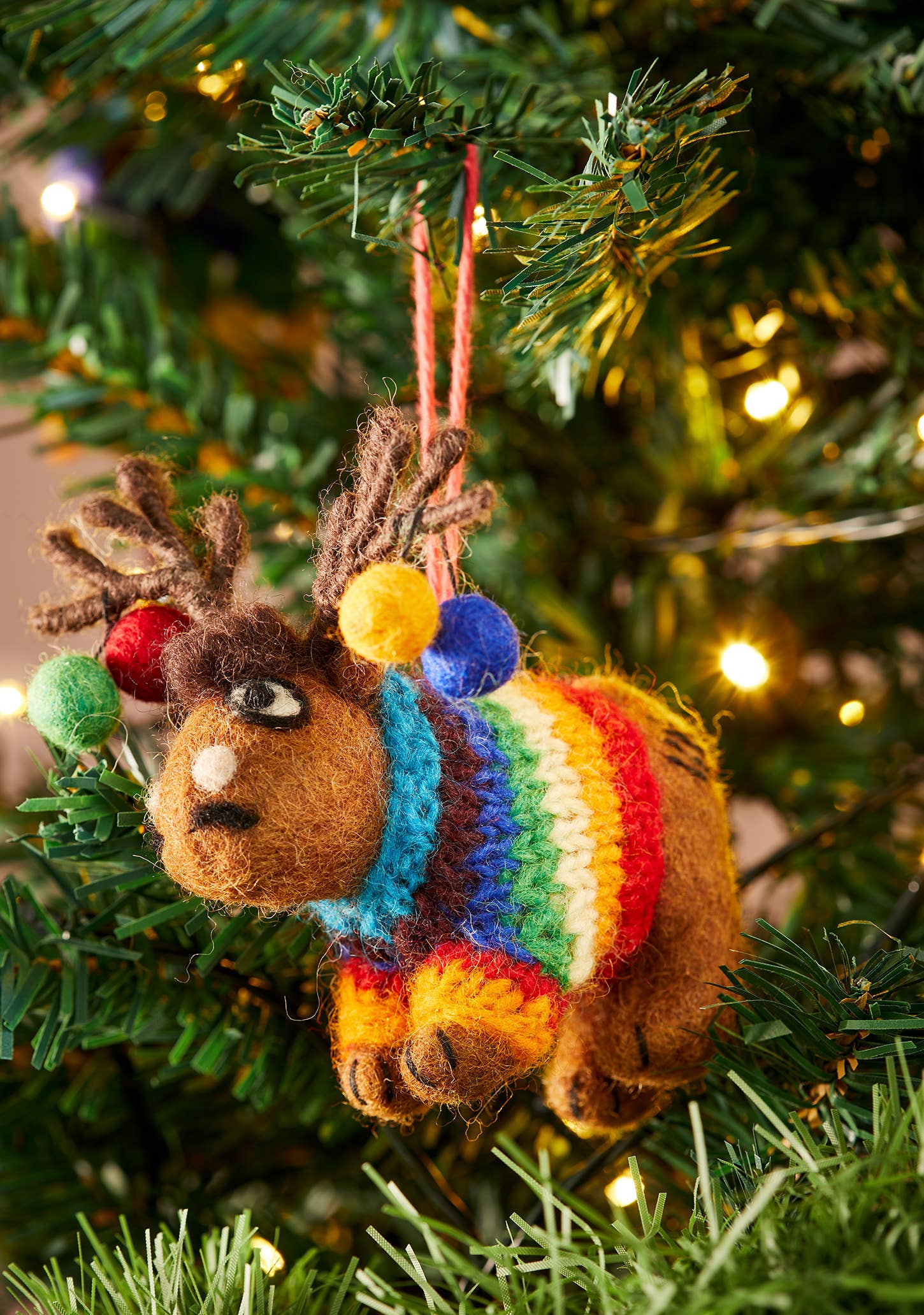 Fair Trade felted reindeer with baubles and jumper