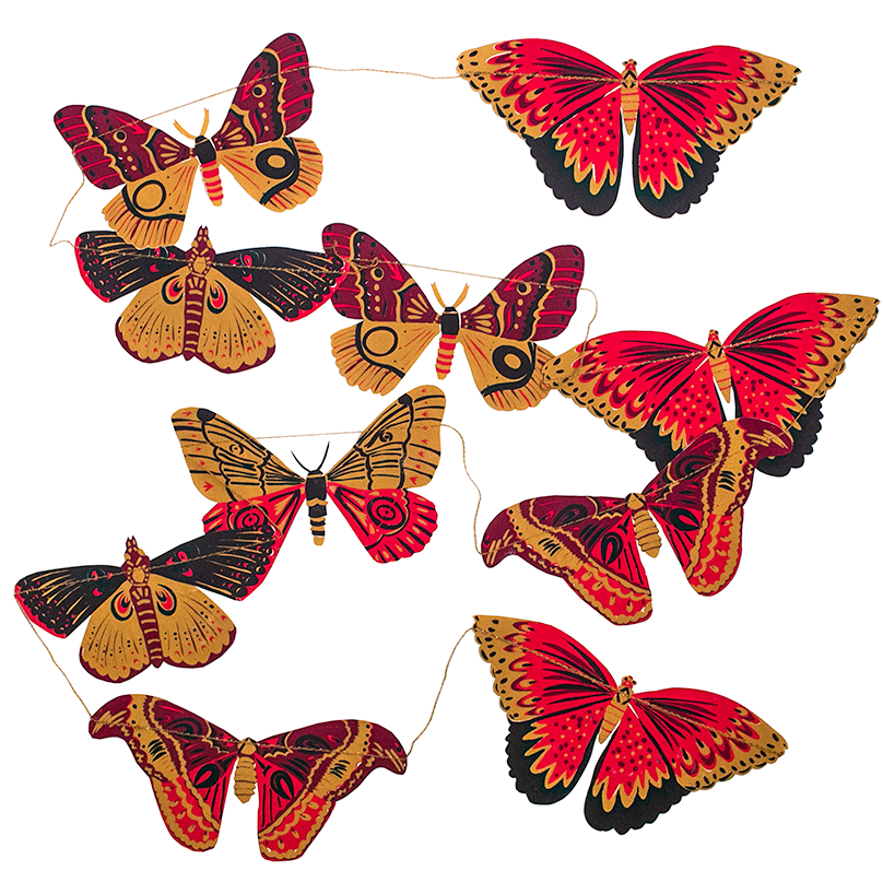 Decorative butterfly garland with red, orange, and black colors on a white background