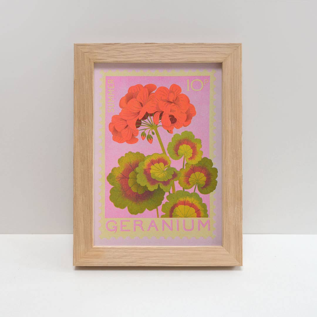 Risograph print of geranium on a postage stamp.