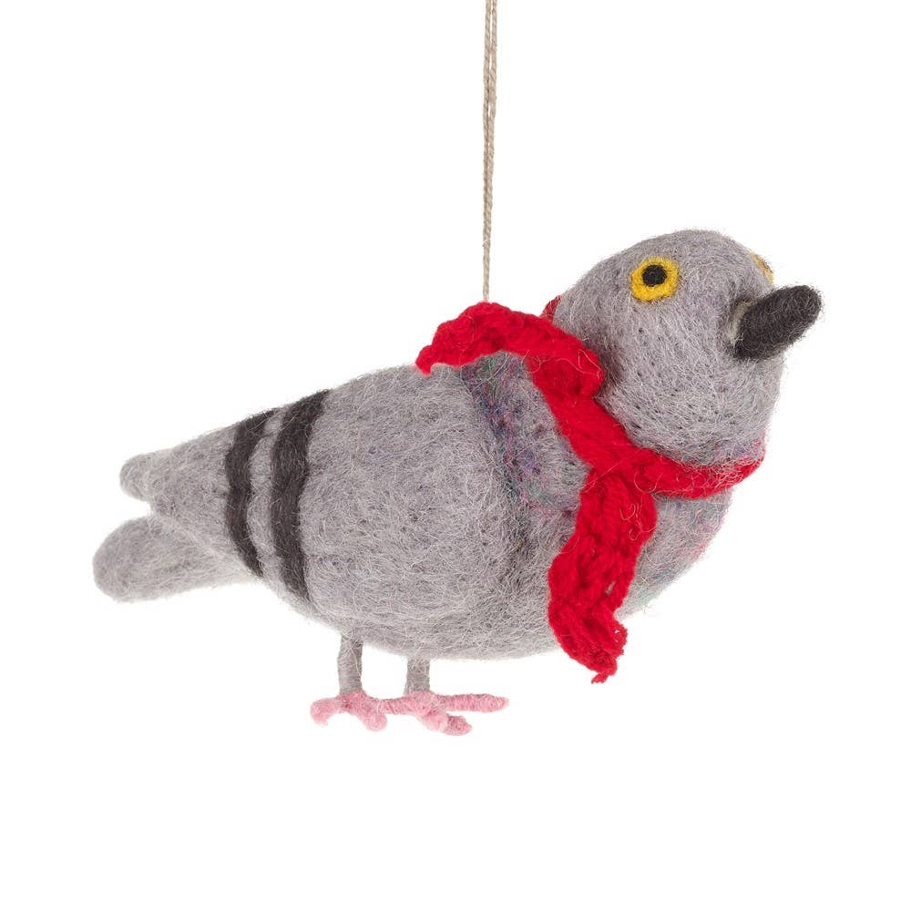 Gray bird ornament with a red scarf on a white background