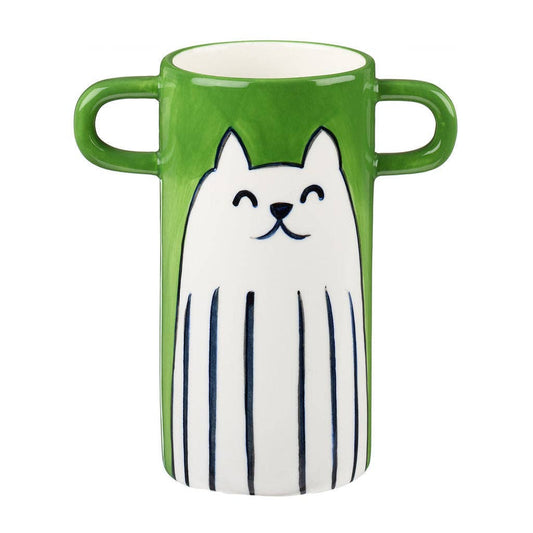 Green vase with handles and white cat illustration.