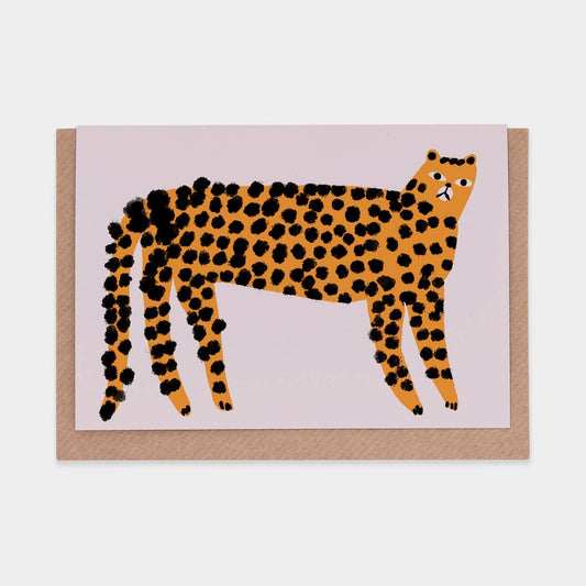 Card with a cheetah illustration on a light pink background