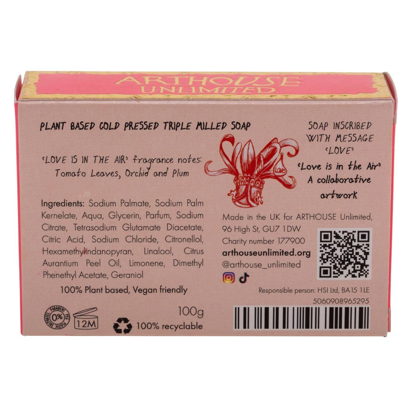 Back of a soap packaging box with text and branding