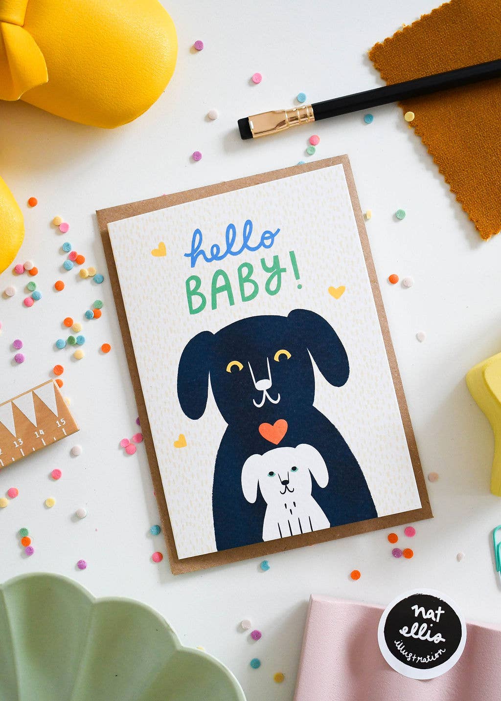 Hello Baby Card with black dog on white card.  