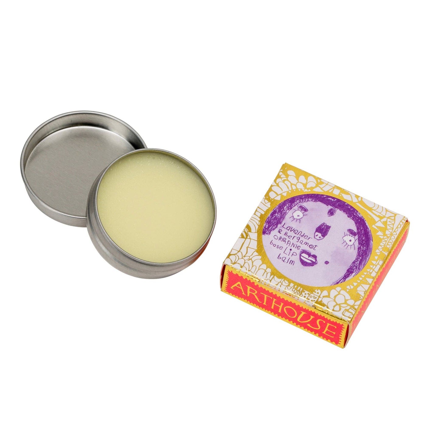 Lip balm in a metal tin with its packaging on a white background