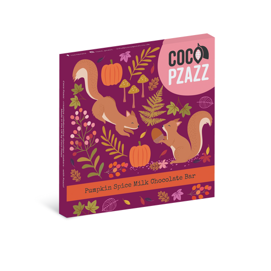 A boxed chocolate bar package from Coco Pazzz, featuring an autumn-themed illustration with two squirrels, pumpkins, leaves, and berries on a purple background. The front reads 'COCO PZZZZ' and 'Pumpkin Spice Milk Chocolate Bar.