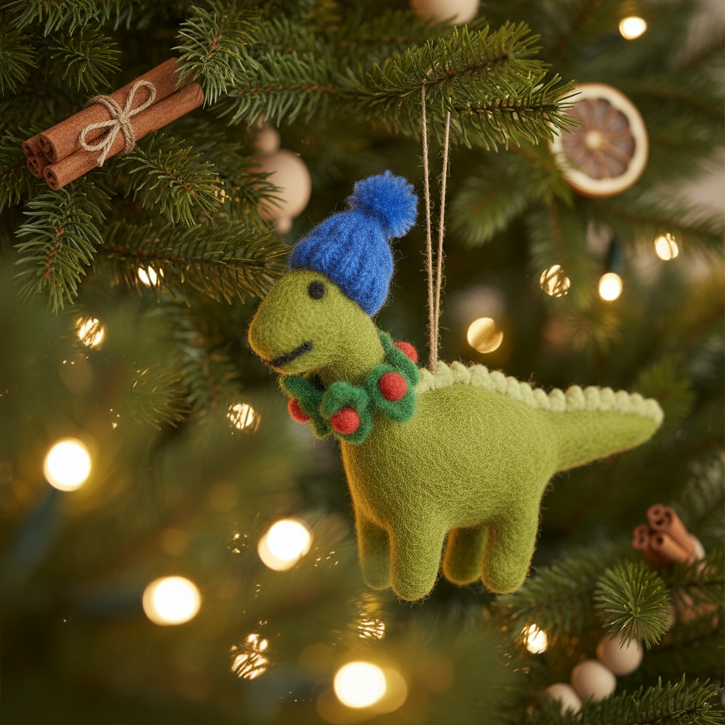 Green dinosaur ornament with a blue hat hanging on a decorated Christmas tree.