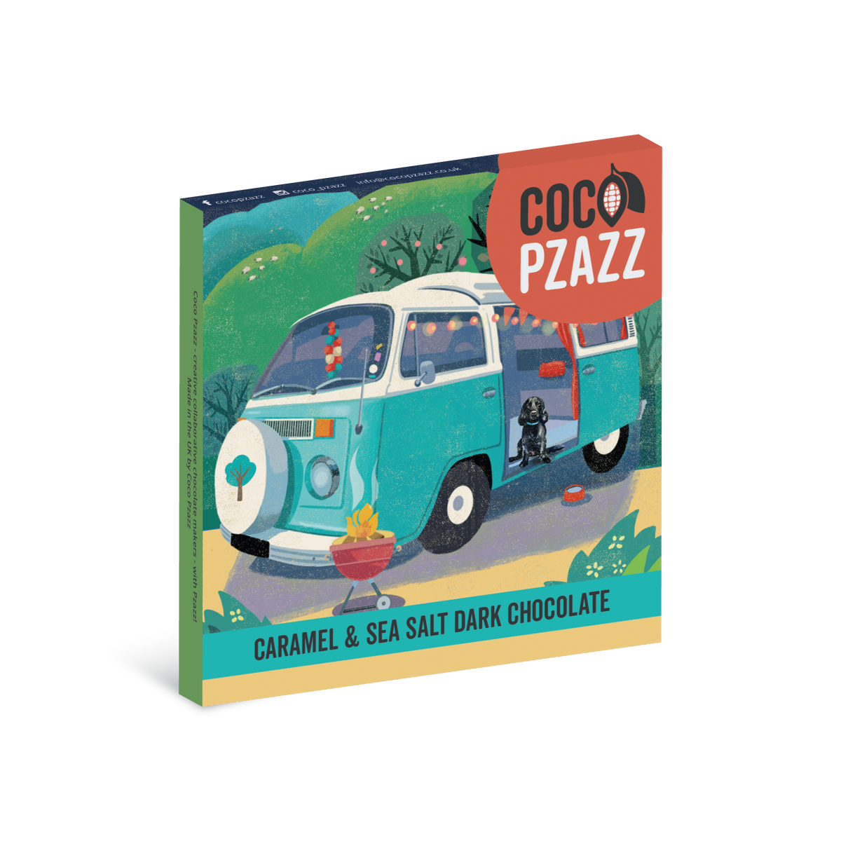 Coco Pzazz chocolate packaging with a vintage van illustration on a white background
