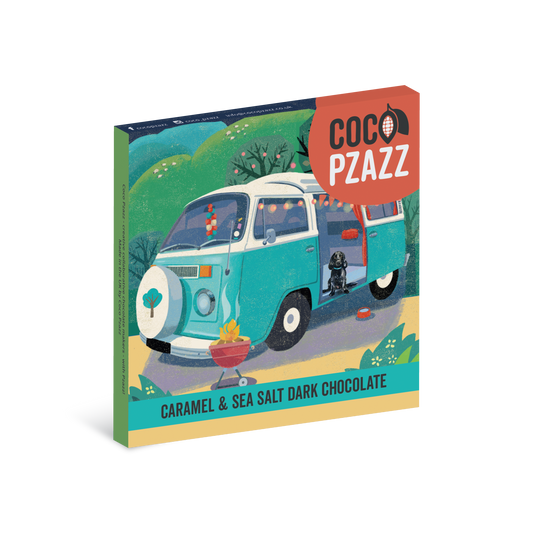 Coco Pzazz chocolate packaging with a vintage van illustration on a white background