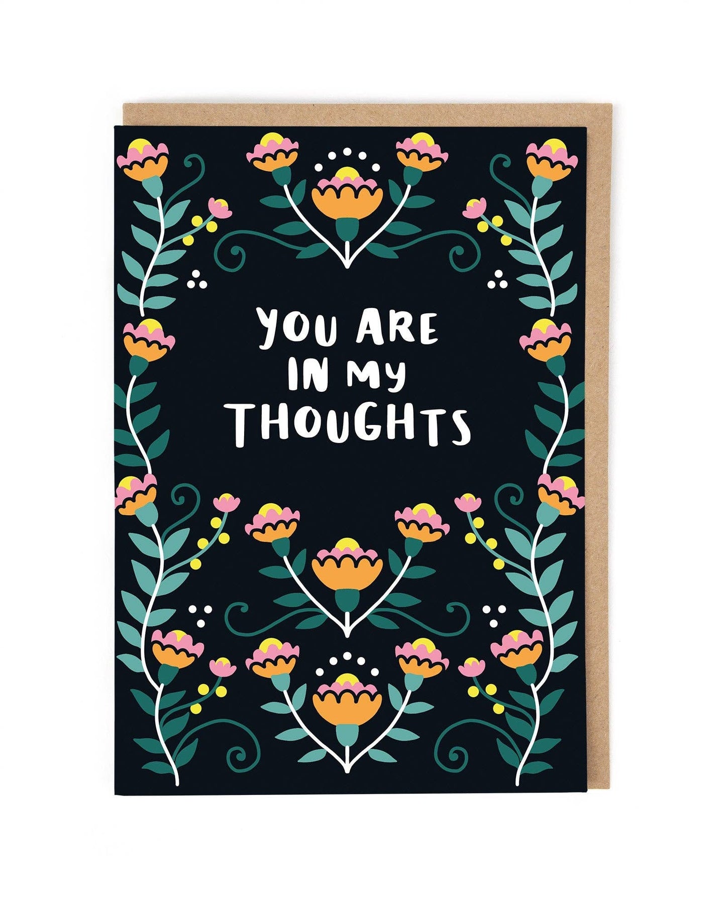 Greeting card with floral design and text 'You are in my thoughts' on a black background