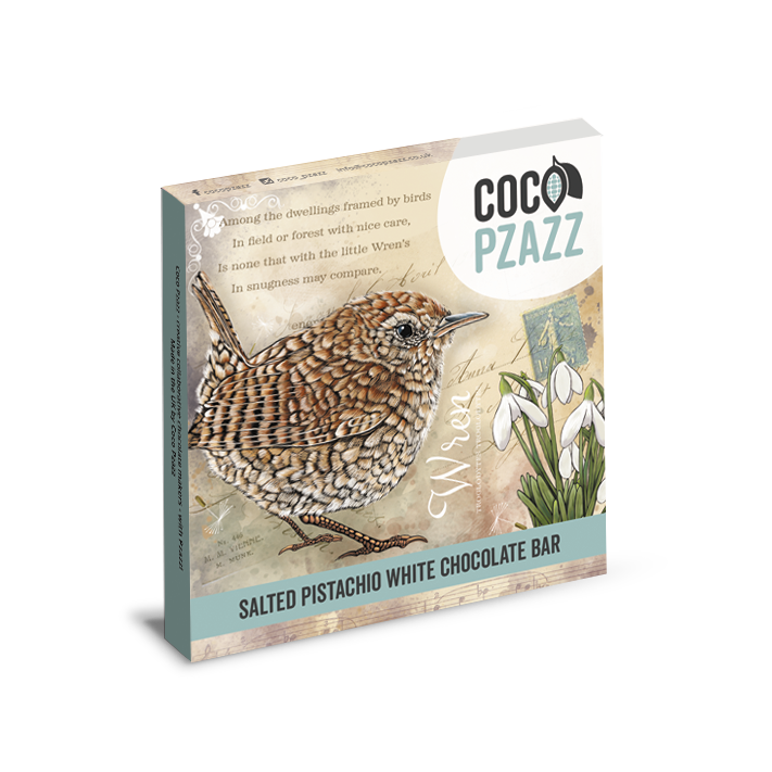Coco Pzazz salted pistachio white chocolate bar packaging with a bird illustration on a white background