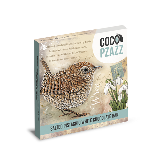 Coco Pzazz salted pistachio white chocolate bar packaging with a bird illustration on a white background