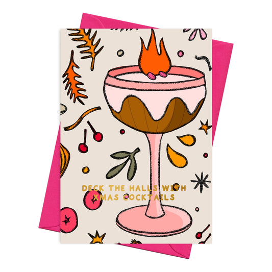 Deck the Halls with Xmas Cocktails Card, Gold Foil A6 Card