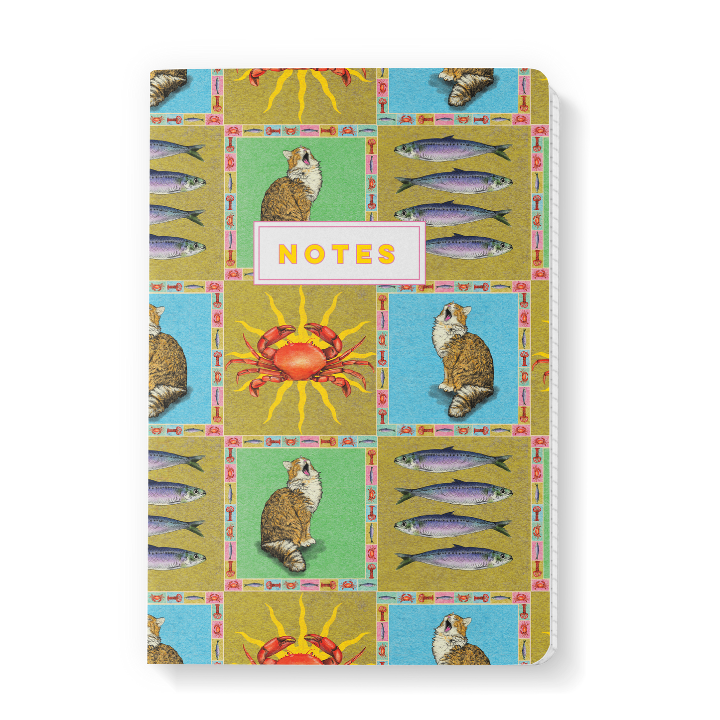 Notebook with a colorful design featuring cats, fish, and crabs on a white background