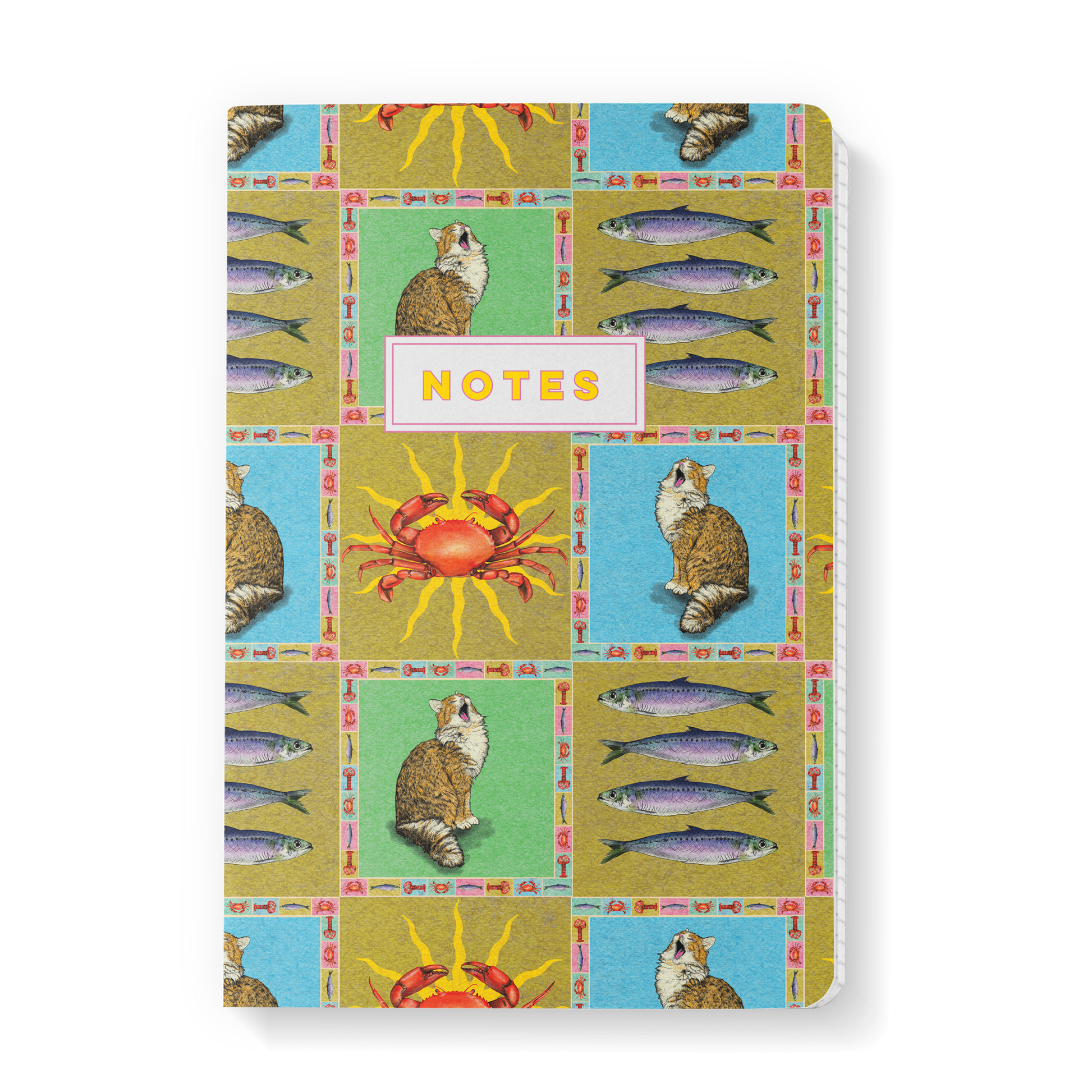 Notebook with a colorful design featuring cats, fish, and crabs on a white background