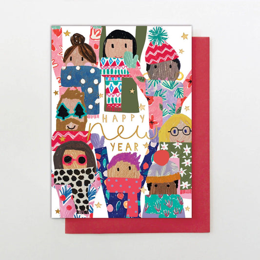 Greeting card with colorful illustrations of people wearing winter clothing and 'Happy New Year' text.