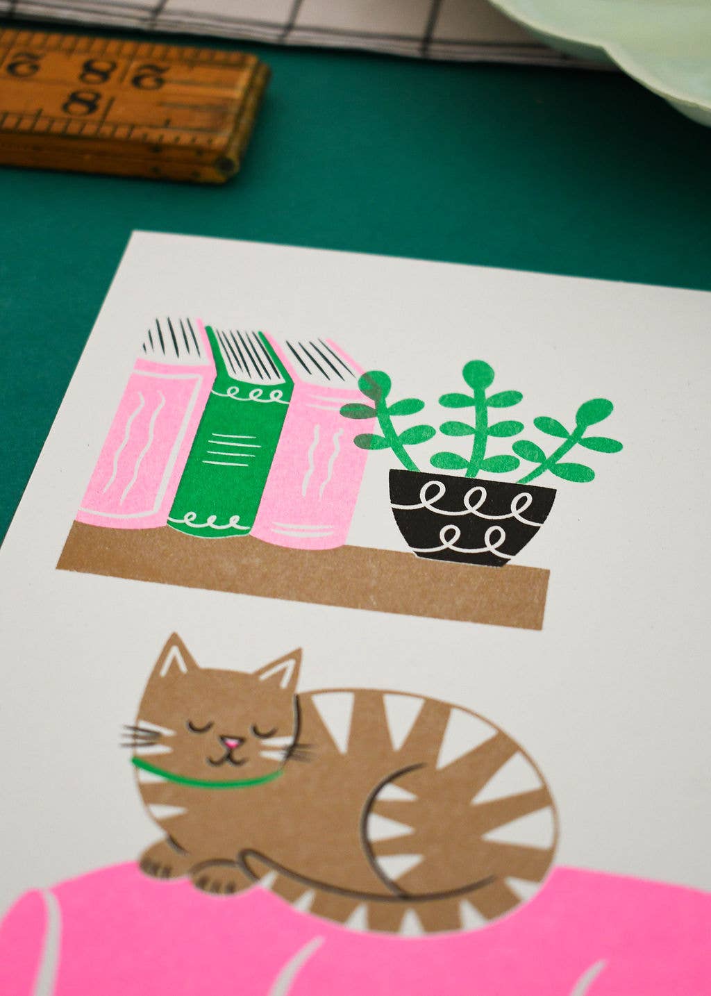 Illustration of a cat sitting on a pink surface with books and a plant on a shelf in the background.