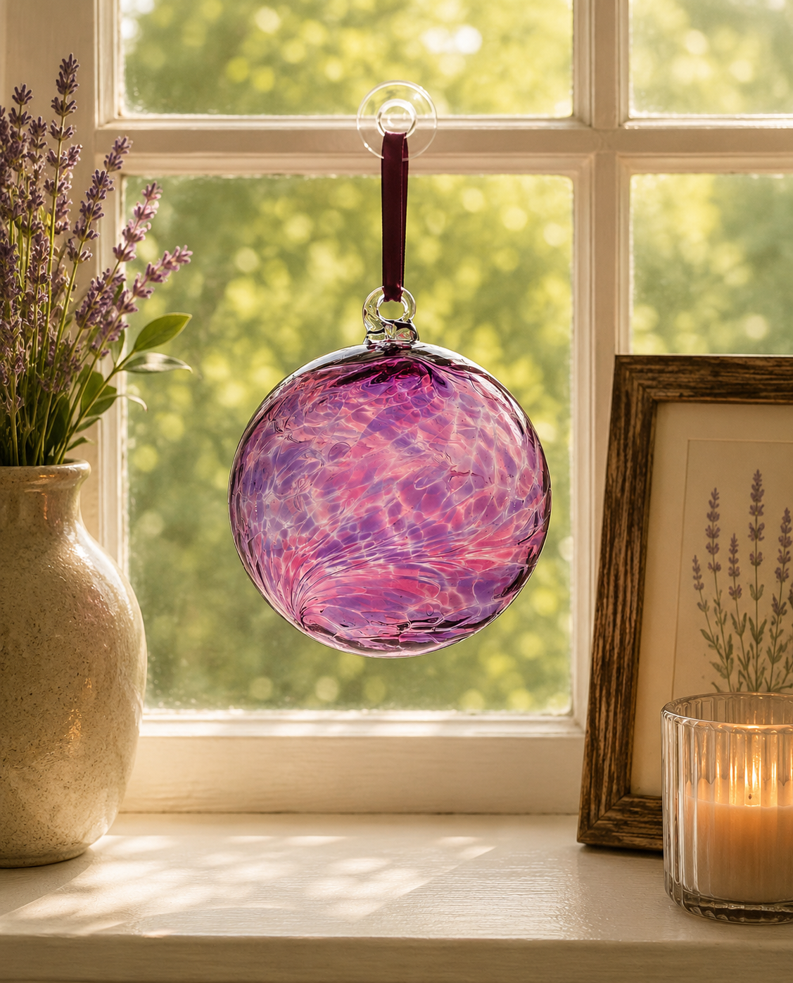 Pink and purple hanging on a ribbon in a window.