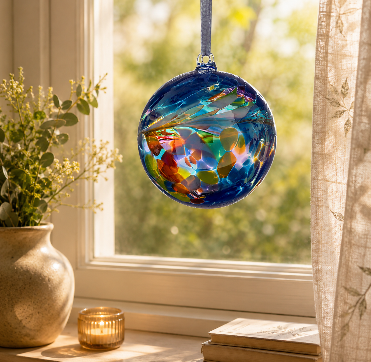 Colorful glass ornament hanging by a window with natural light