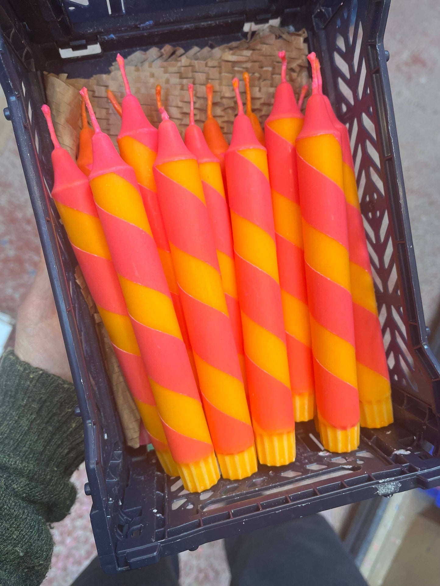 Orange & deep bright pink Helter Skelter Dinner Candle