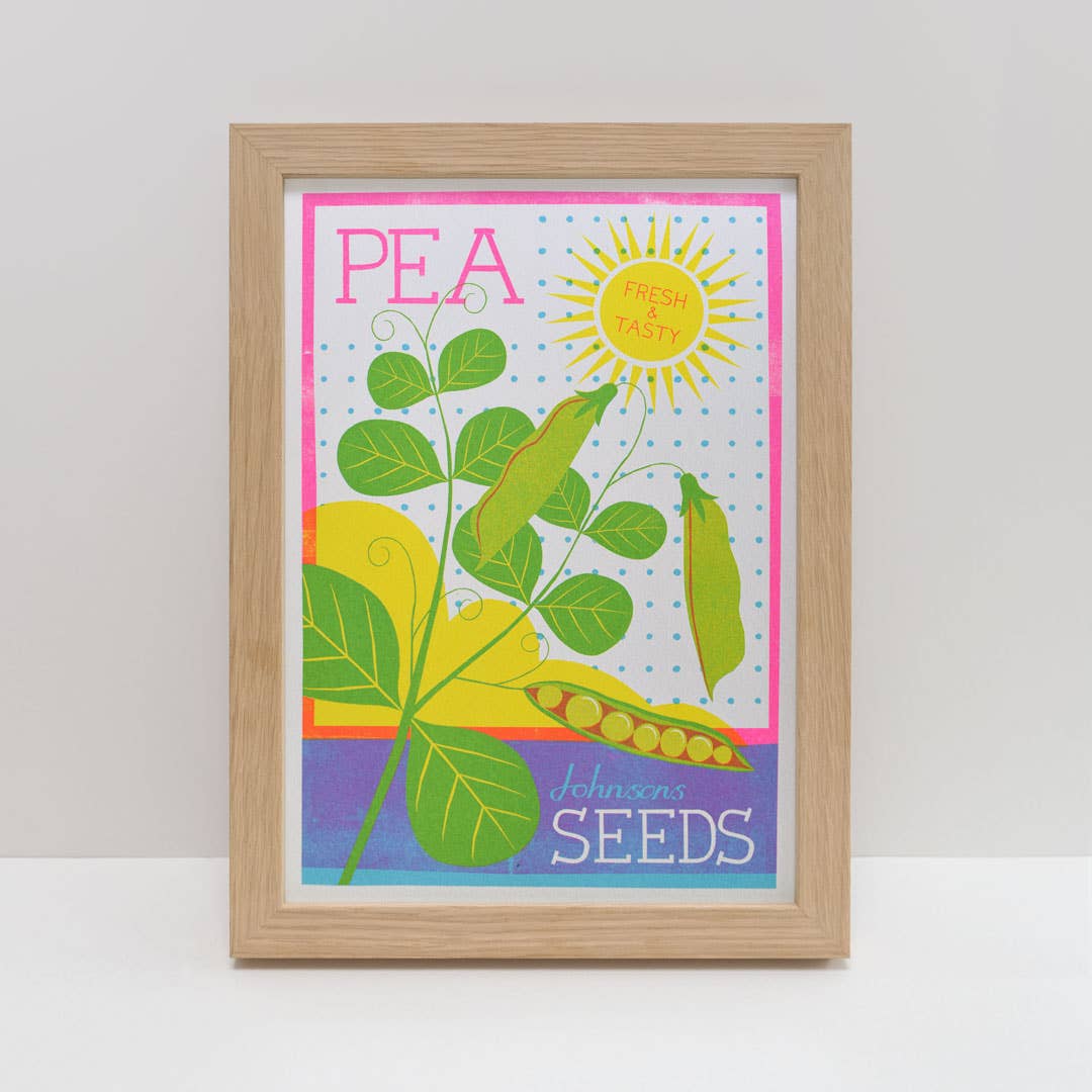 Brightly coloured illustration of a seed packet for Peas. Johnsons Seeds