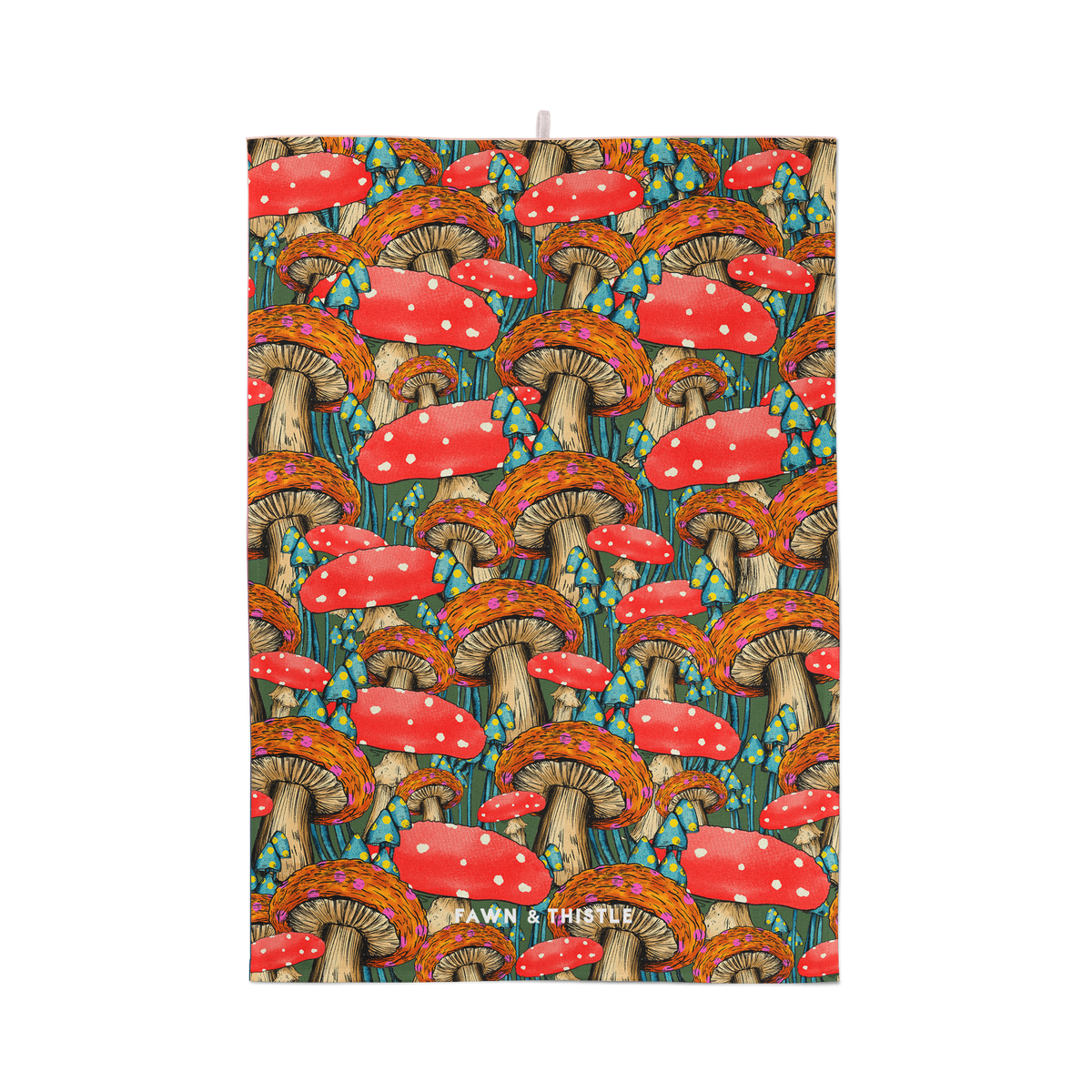 A rectangular fabric item, likely a tea towel or hanging cloth, featuring a dense repeating pattern of red-and-white mushrooms, orange-brown caps, beige stems, and teal leaves on a dark background. The words 'AWN & THISTLE' are printed in white near the bottom edge.