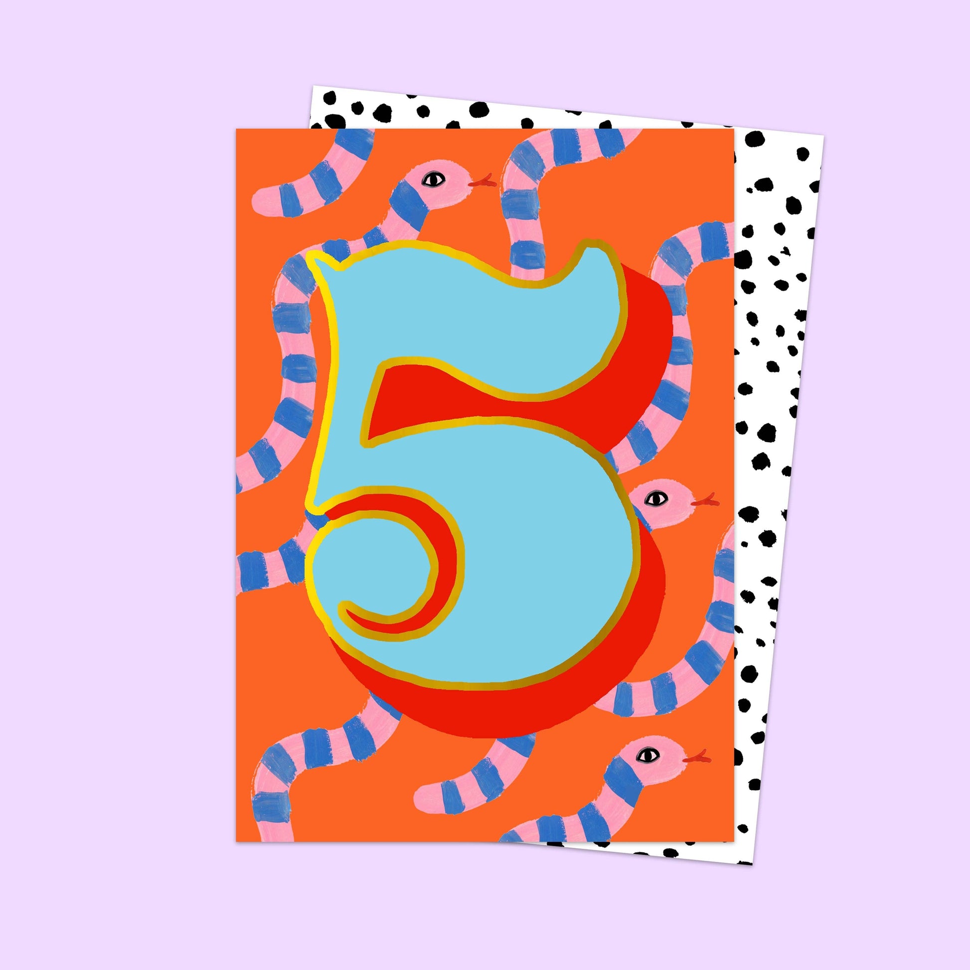 Card with number 5 design featuring snakes on an orange background