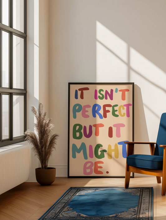 Poster framed leaning against a wall with the light of a window.