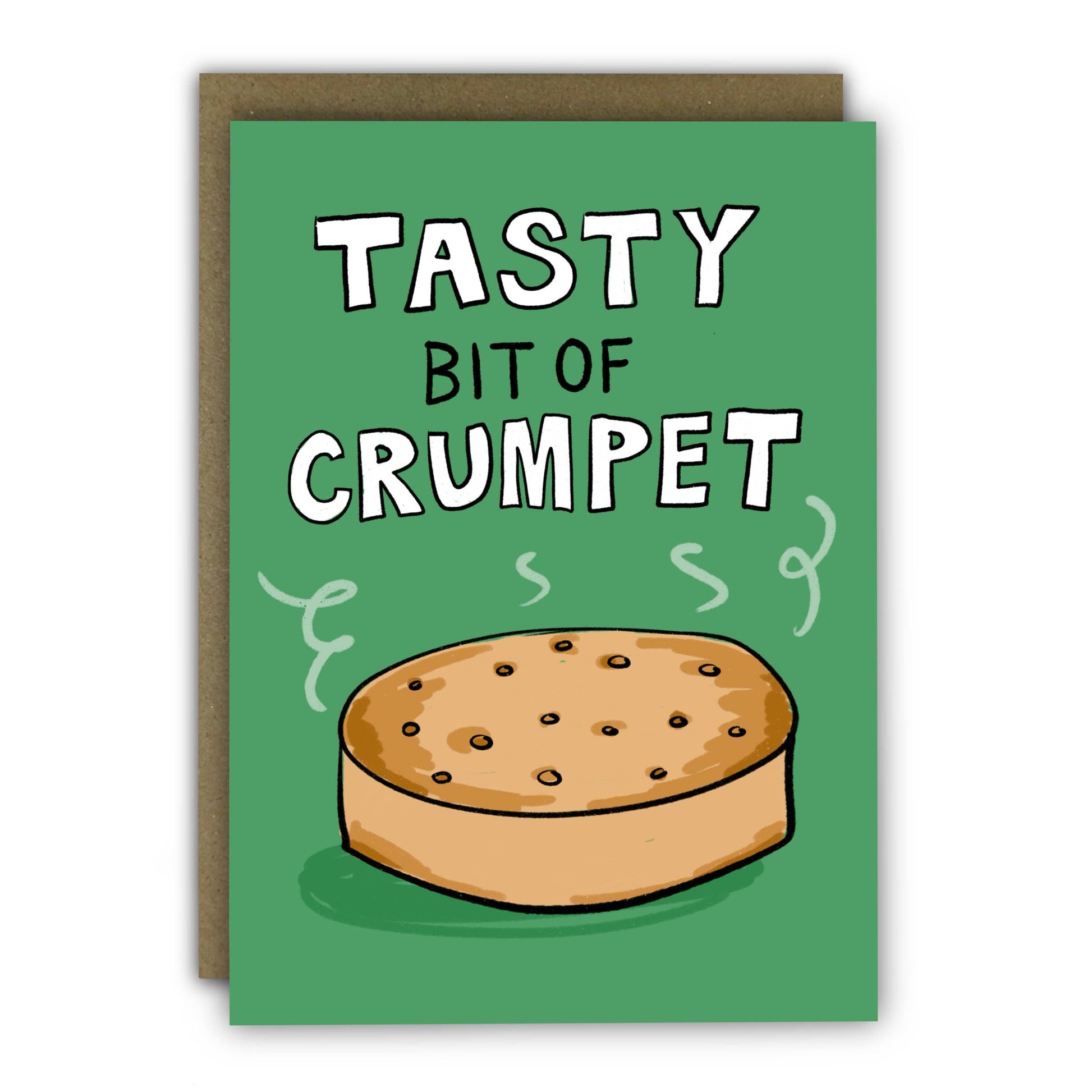 Card with a crumpet illustration and text 'Tasty Bit of Crumpet' on a green background