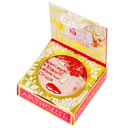 Arthouse lip balm packaging with decorative design on a white background