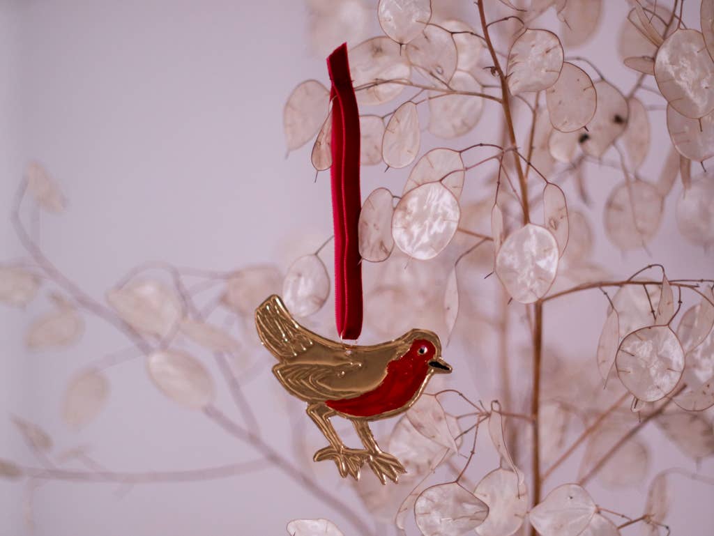 Christmas tree, tin embossed handmade robin with ribbon.